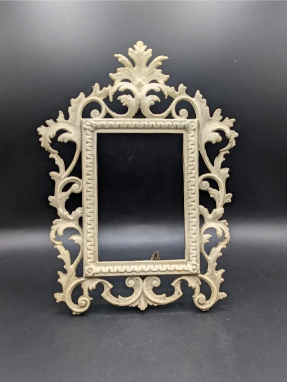 Antique Victorian Painted Cast Iron Ornate Metal Picture Frame Easel Back 4x6
